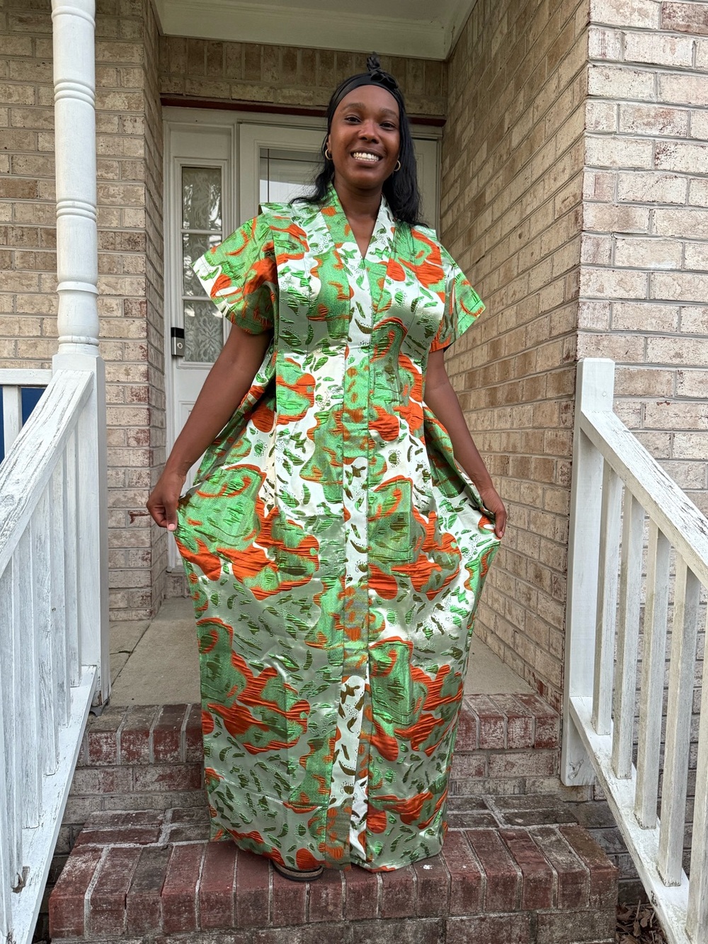 Vibrant Green & Orange Damask Brocade Bubu Maxi Dress